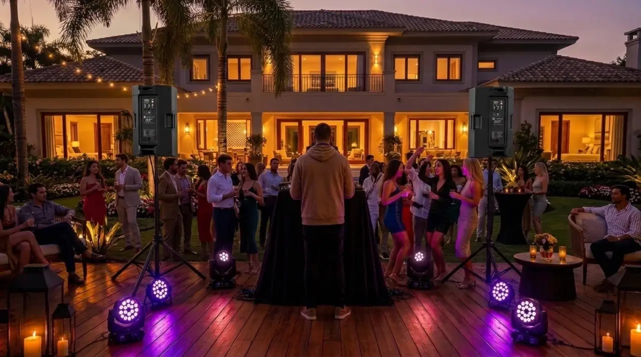 Estrutura profissional de som e iluminação cênica de alto padrão para festa em mansão e deck de piscina em condomínio fechado