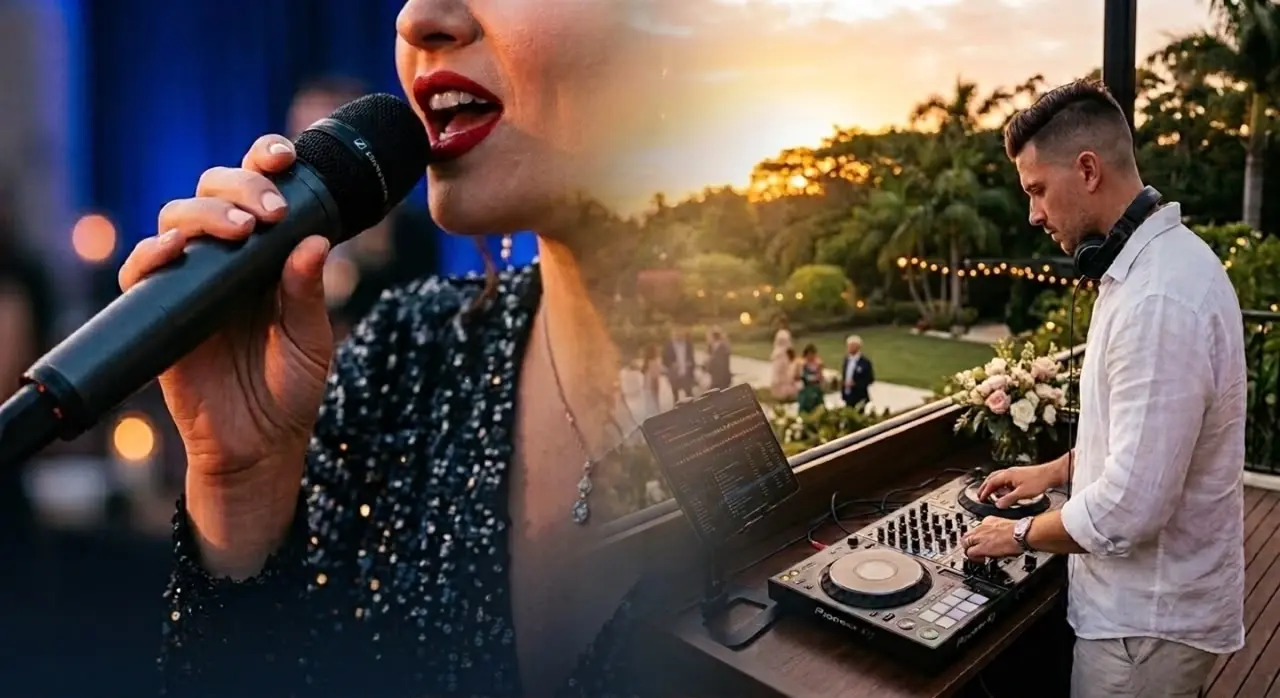Cantor e DJ com microfone Sennheiser e controladora para recepção íntima e voz e violão em área gourmet em condomínio